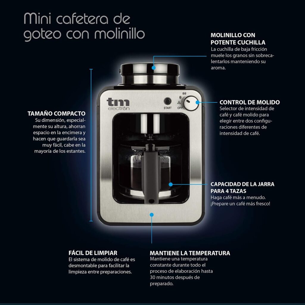 Tm Electron Tmpcf020S Mini Cafetera De Goteo Con Molinillo Grano 4 Tazas Karafecoffee