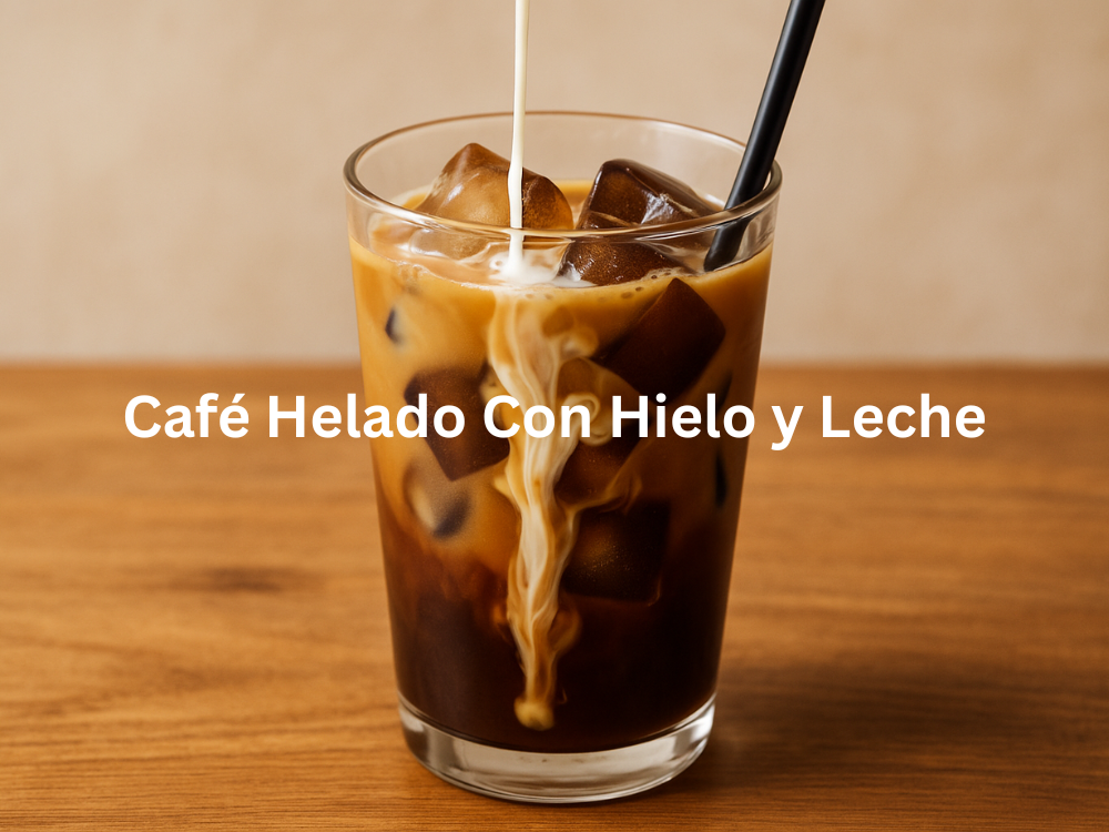 Vaso de café helado con cubos de café y leche vertiéndose.