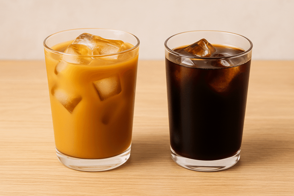 Dos vasos con café helado y cold brew sobre una mesa de madera.