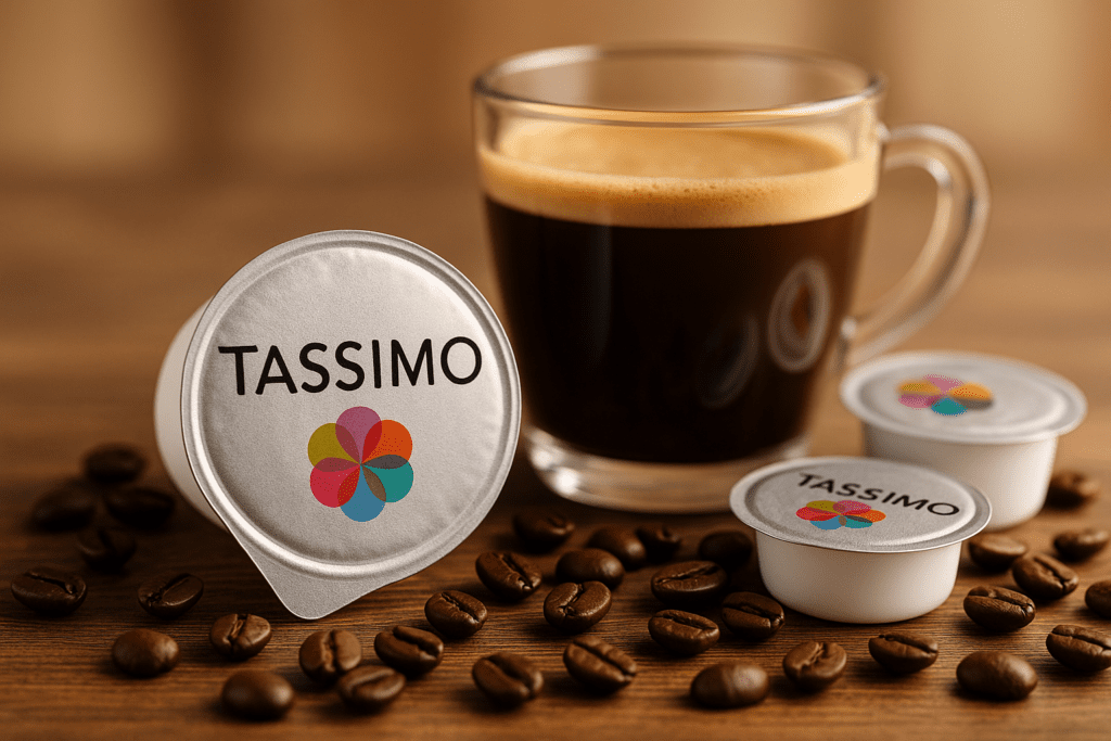 Home 31 Cápsulas Compatibles Tassimo junto a una cafetera preparando espresso