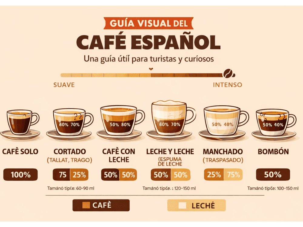 Por Qué El Café En España Es Tan Intenso - Historia, Intensidad Y Cómo Disfrutarlo 5 Guia Visual Del Cafe Espanol Mostrando Intensidad Y Tamanos De Servicio Karafecoffee